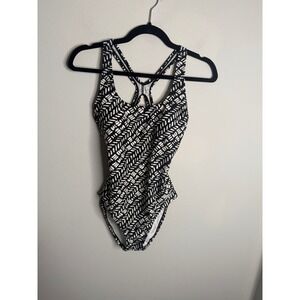 Speedo Women's 8‎ One Piece Swimsuit Black White Pattern Criss Crossback Pool